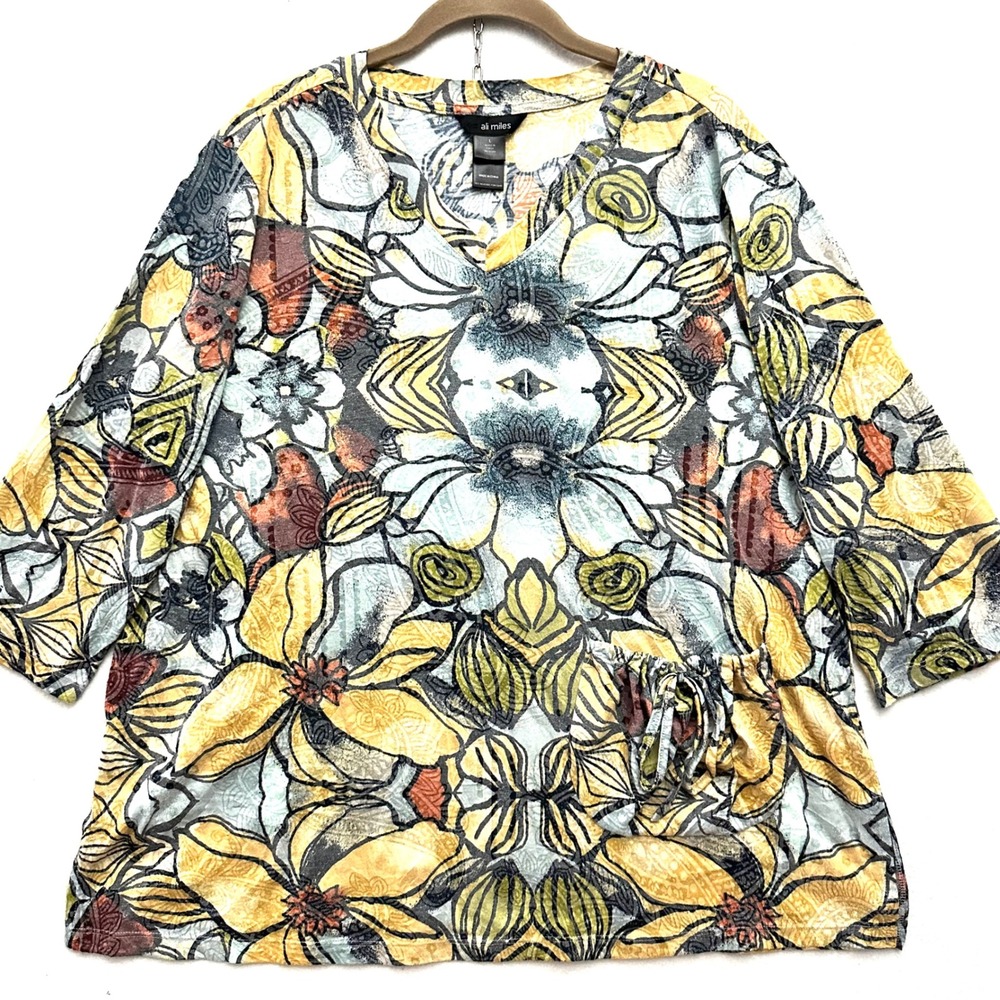 Ali Miles Large Yellow Floral V-Neck Tunic Top 3/4 Sleeve Lagenlook Art to Wear